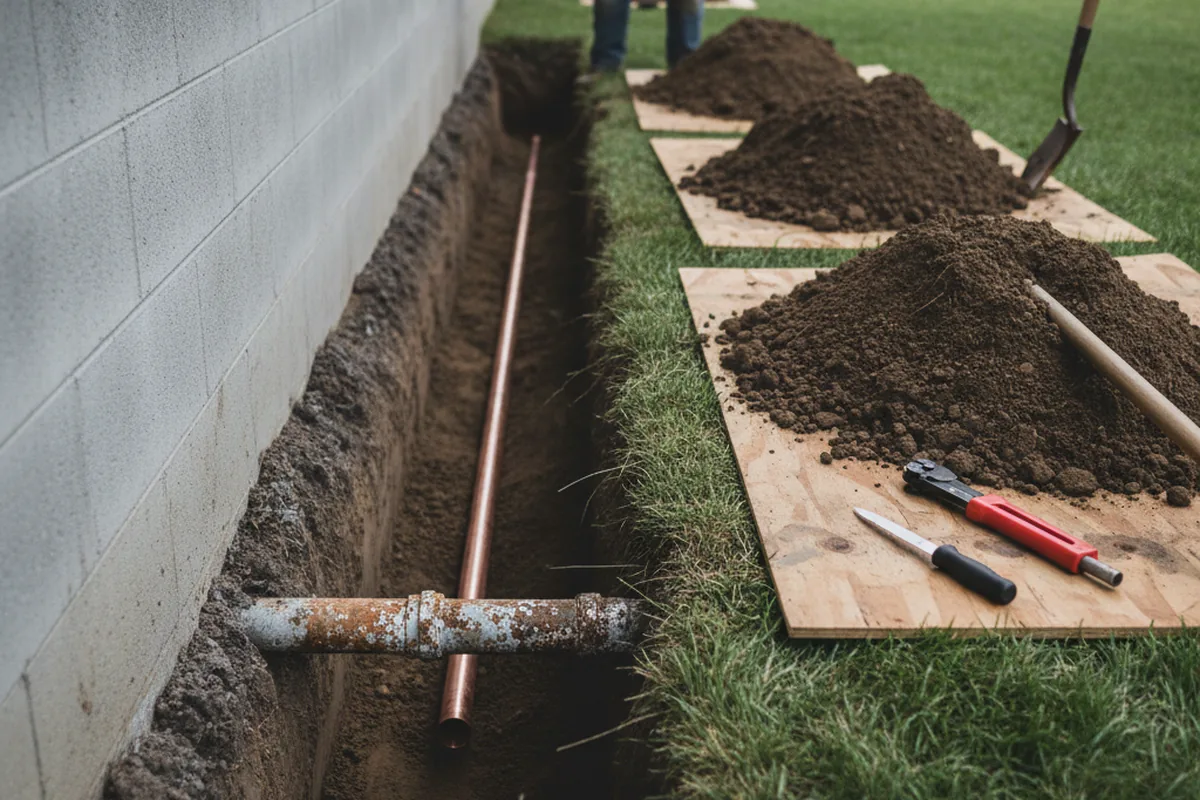 Excavated water line trench during Water Heater Repair in East Hampton
